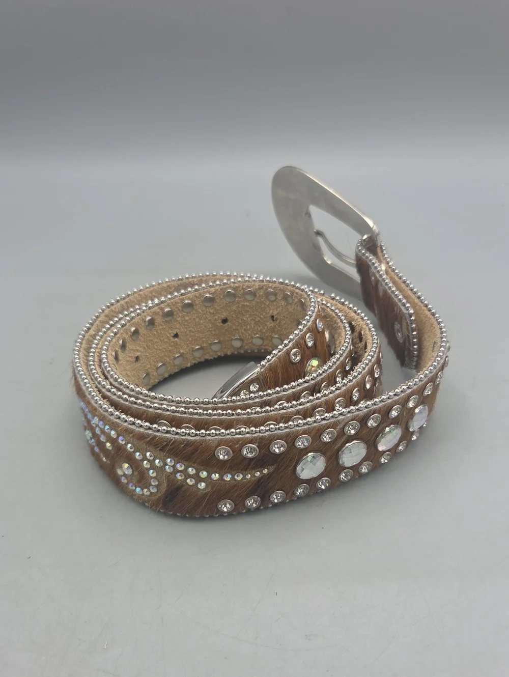 Nocona Genuine Leather Calf Hair on Hide Rhinestone Belt Rodeo Western Bling